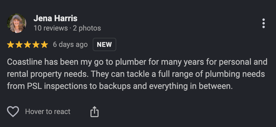 5 star Google review Coastline Plumbing Ventura